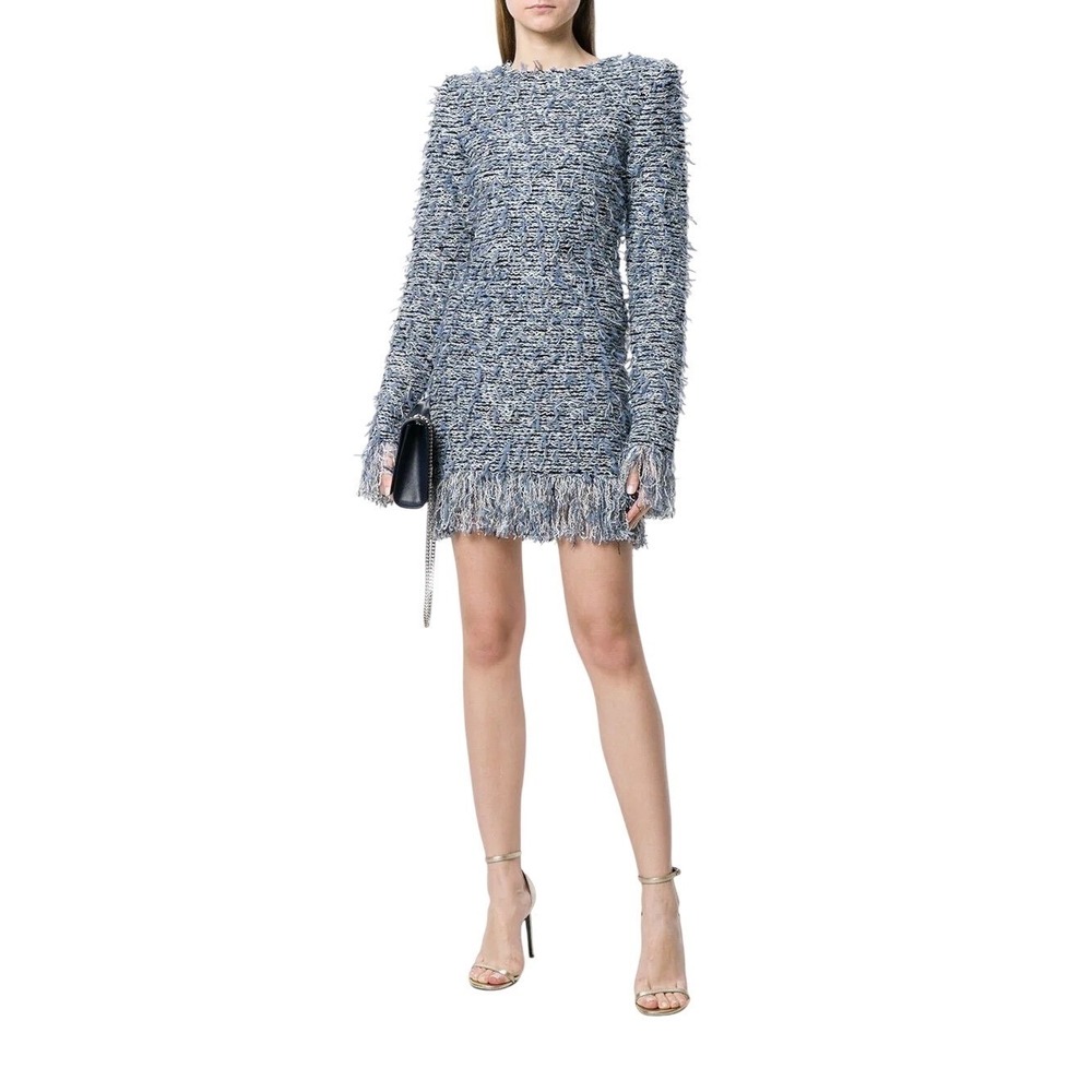 Balmain Blue Bouclé Tweed‎ Fringe Mini Dress Size 40